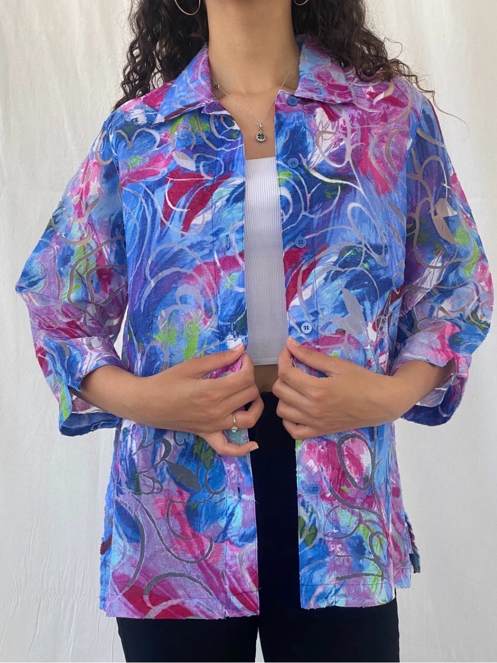 Vintage ALIA | Floral Blue Pink Sheer 3/4 Sleeve Shirt